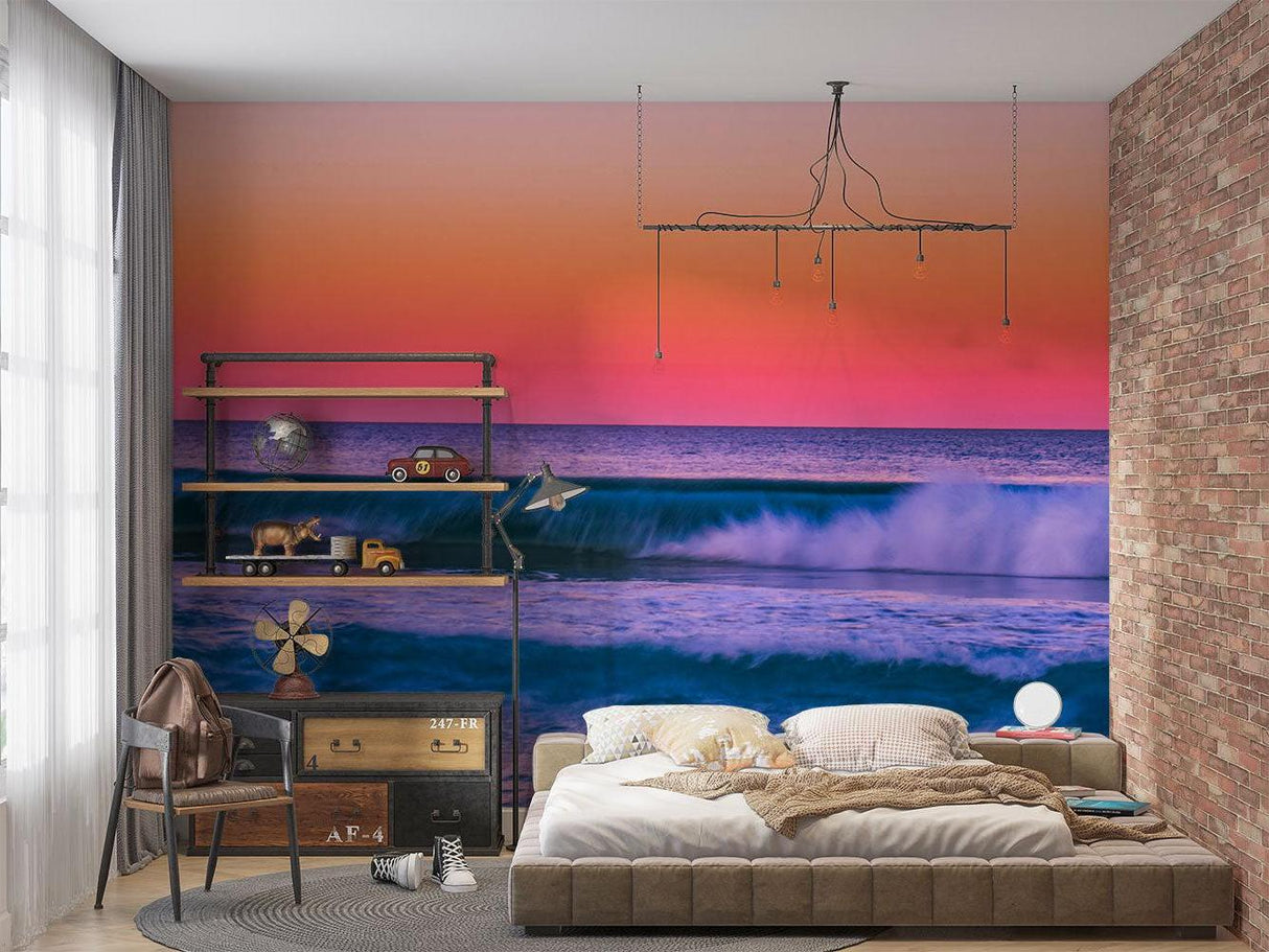 Wave photography mural adding depth to dining room with warm sunset tones