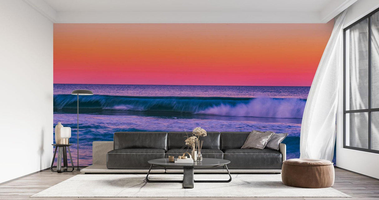 Ocean sunset wallpaper creating statement wall in meditation room