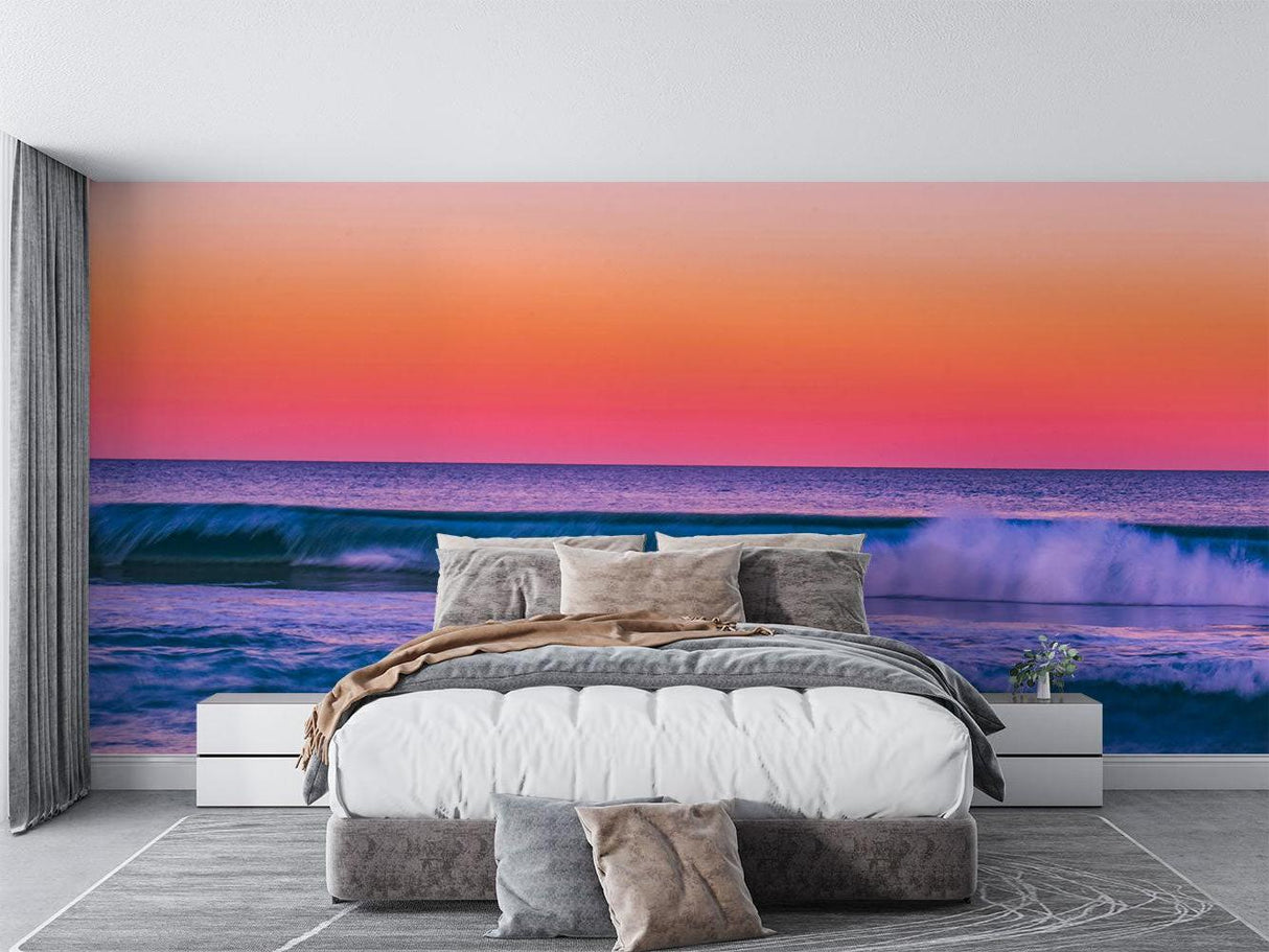 Beach sunset mural enhancing coastal style bathroom design