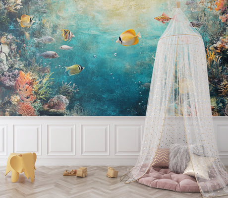 Ocean mural wallpaper transforms modern living room into underwater paradise with vibrant coral reef and tropical fish