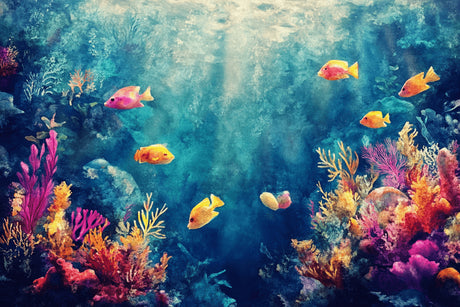 Detailed design file showing intricate tropical fish and coral reef pattern in vivid colors