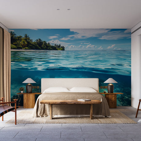 Split view ocean paradise wallpaper creating a stunning focal point in a modern coastal living room