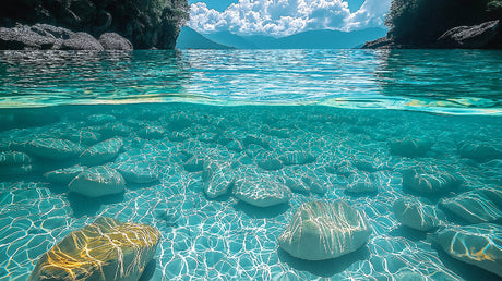 Ocean lagoon wallpaper design file showing crystal clear waters and underwater rock formations