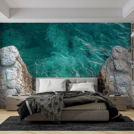 Ocean mural wallpaper creating a stunning focal point in a modern living room with white furniture