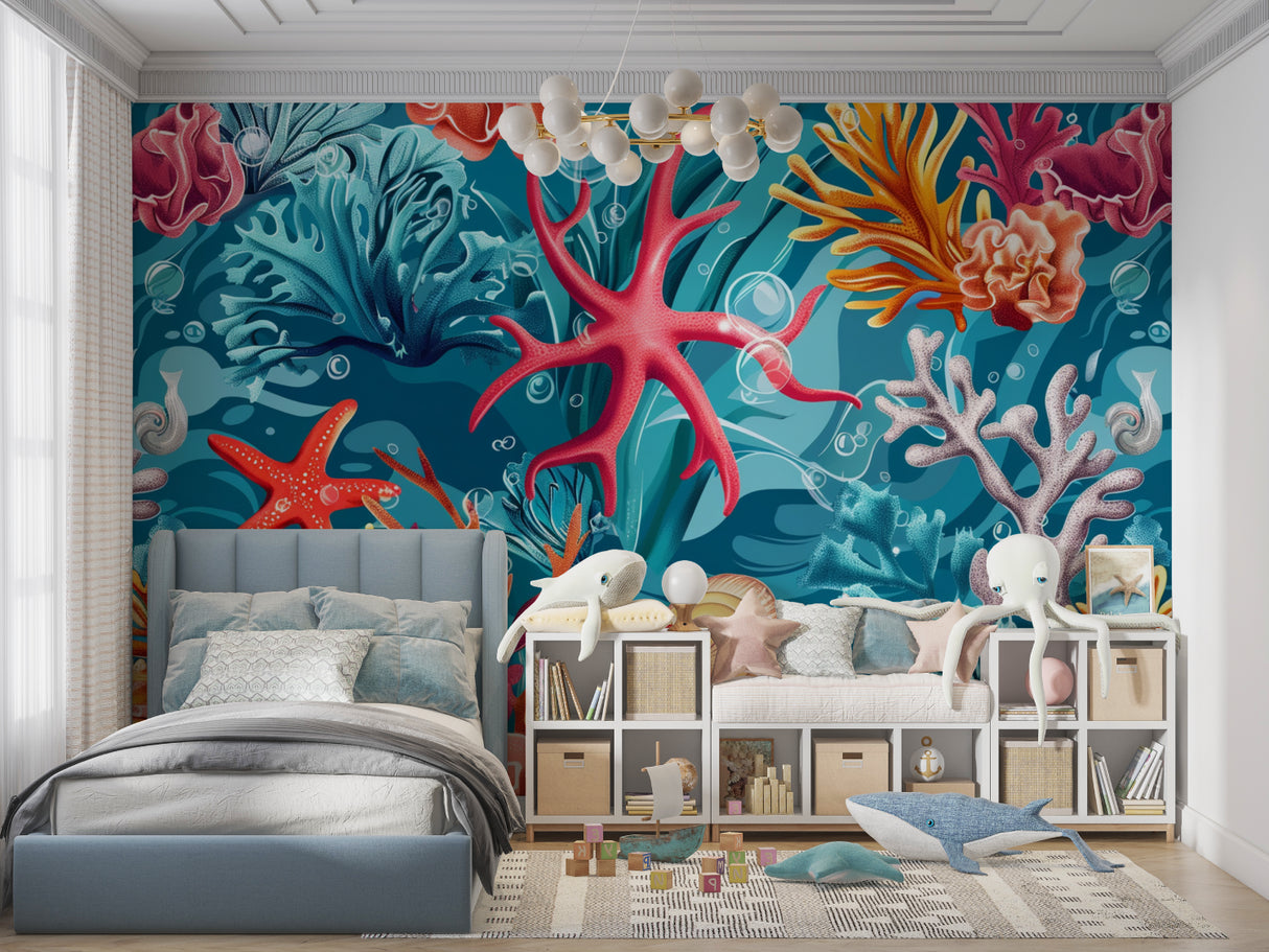Underwater reef mural installed in kids bedroom with floating bubbles and coral details