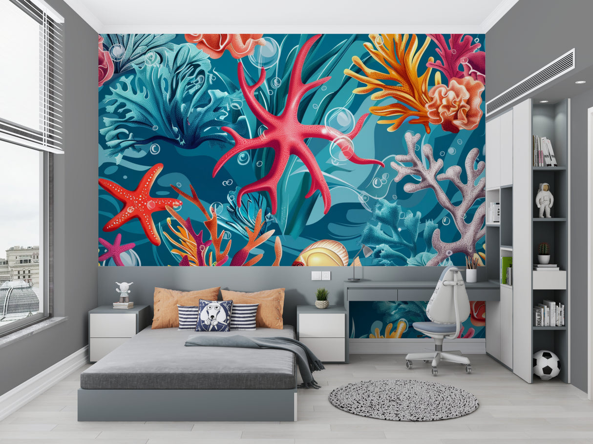 Marine life wallpaper featuring coral reef scene in coastal style bathroom
