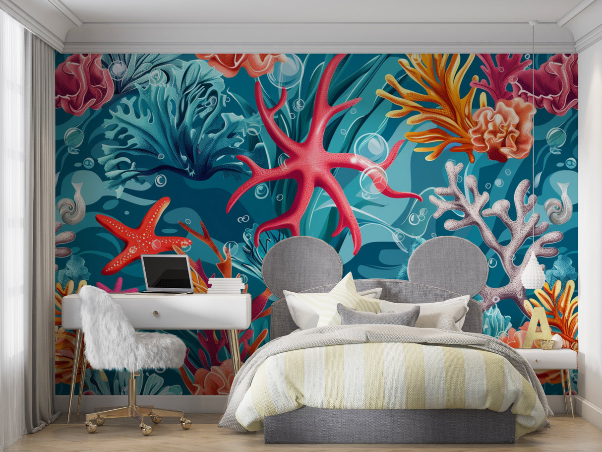 Ocean theme wall mural brightening up modern home office space