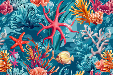 Coral reef wallpaper design file showing detailed marine life pattern with pink starfish and floating bubbles