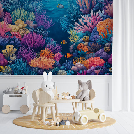 Coral reef wallpaper brightening a modern living room with vivid underwater scenes
