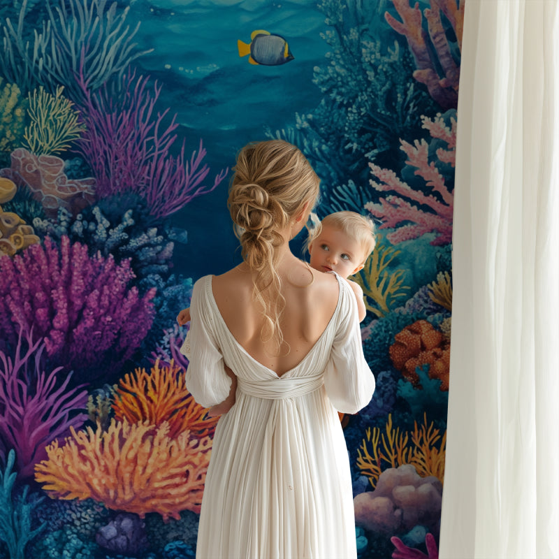 Underwater mural creating depth in a cozy bedroom with soft lighting