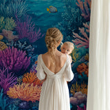 Underwater mural creating depth in a cozy bedroom with soft lighting