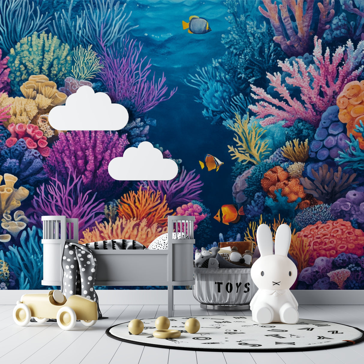 Marine life wallpaper transforming a bathroom into an ocean paradise