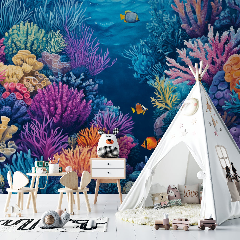 Tropical fish wall mural adding movement to a kids playroom
