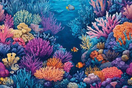 Detailed design file showing vibrant coral reef pattern with swimming tropical fish