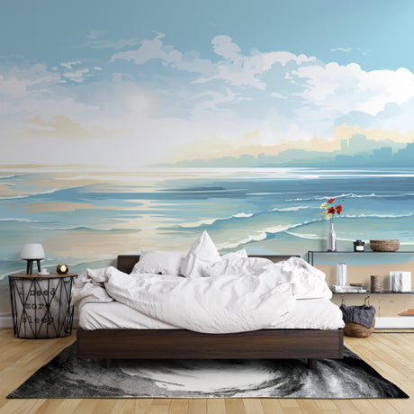 Beach wall mural in modern living room showing soft watercolor waves and golden sand