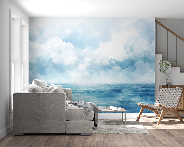 Ocean wave wallpaper creating a peaceful atmosphere in a modern living room with natural light
