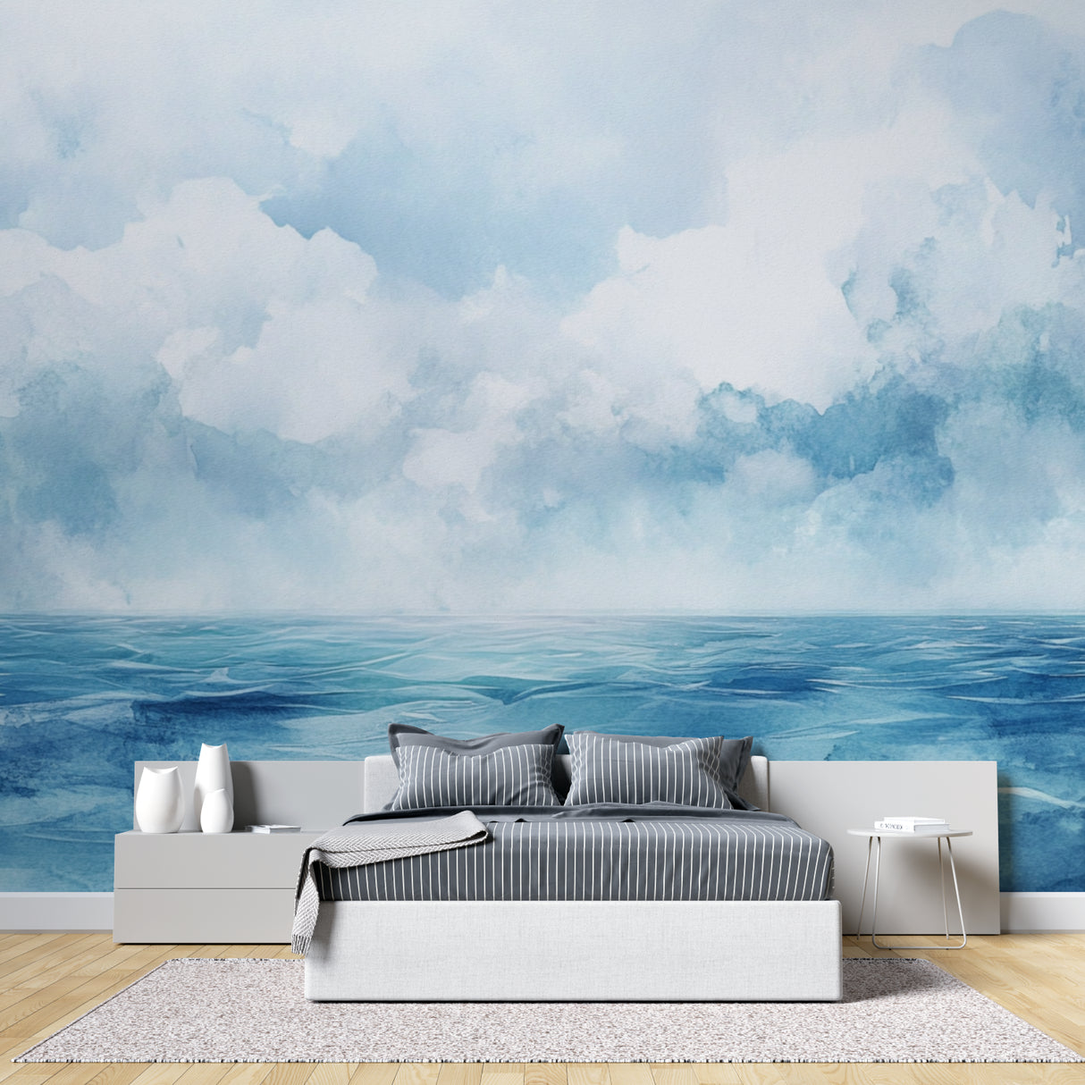 Watercolor ocean mural bringing coastal charm to a master bedroom