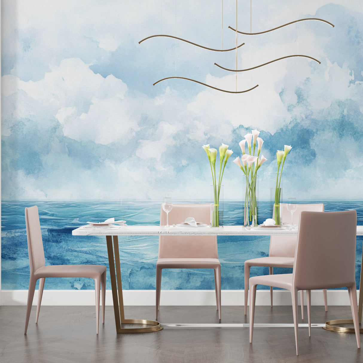 Beach house style bathroom enhanced with ocean waves wallpaper