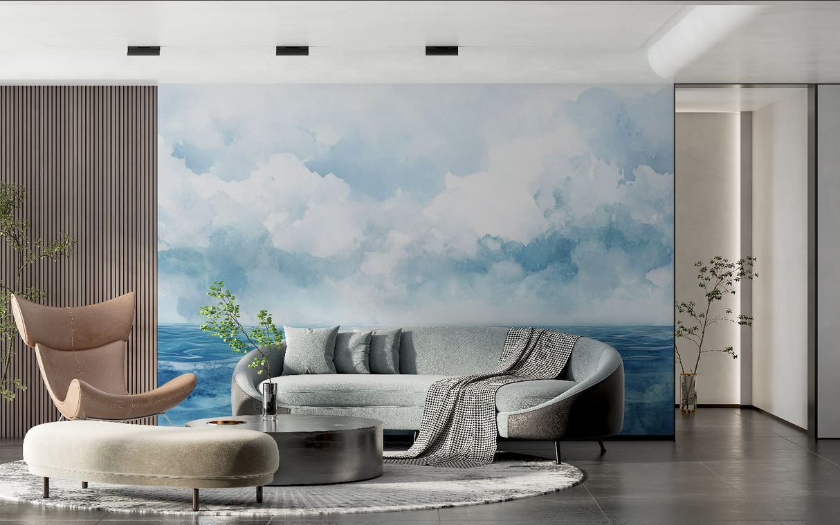 Ocean landscape wallpaper transforming a home office into a peaceful workspace