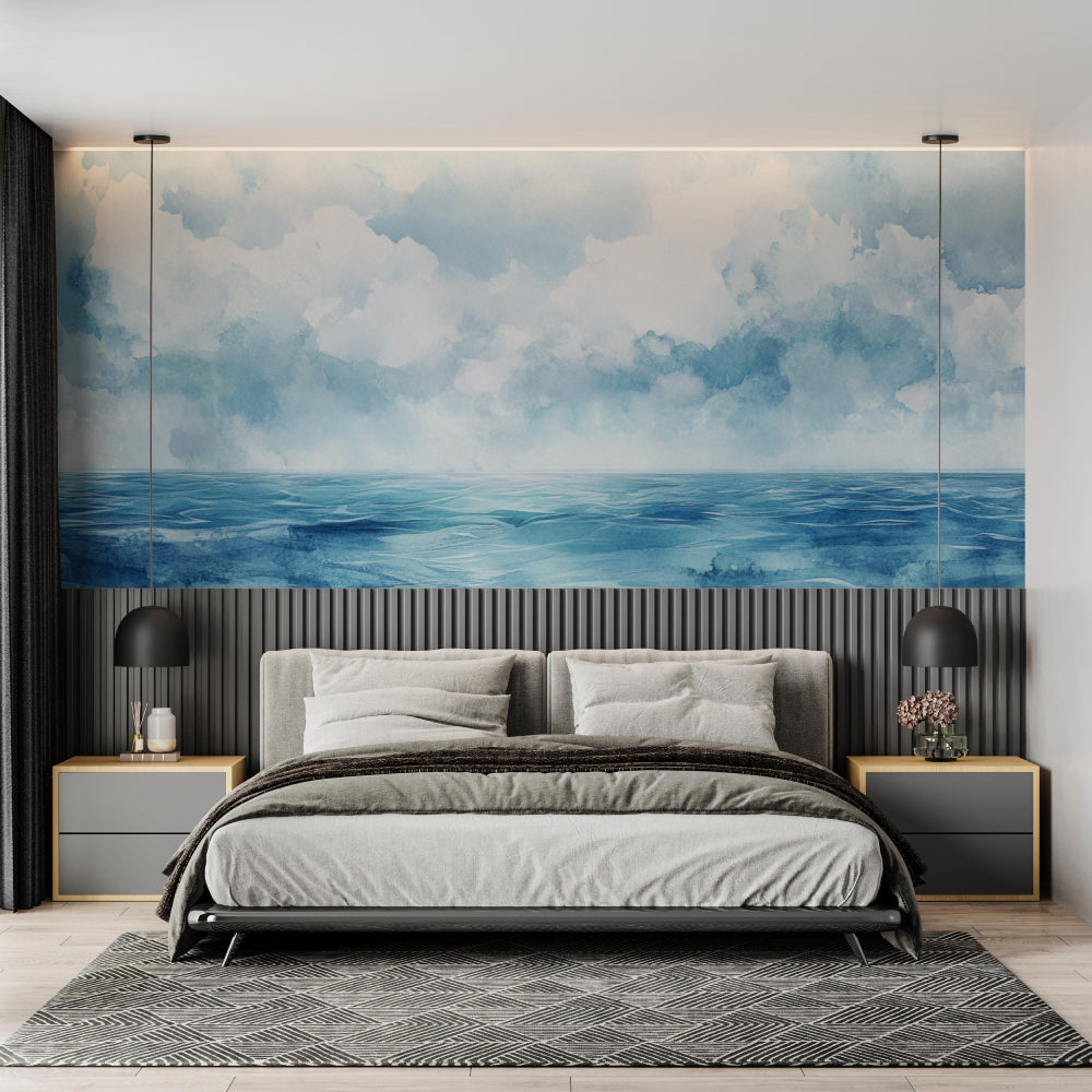 Coastal theme dining room featuring watercolor ocean mural