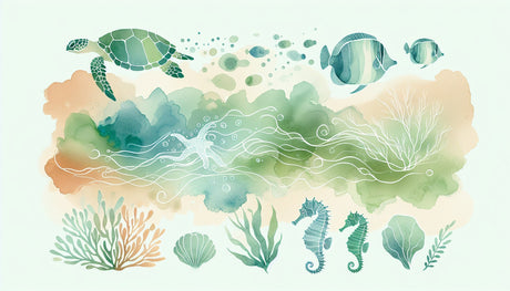 Ocean wallpaper mural bringing life to a modern bathroom, with soft watercolor marine life dancing across the walls