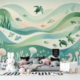 Ocean life wallpaper creating a serene underwater atmosphere in a modern living room, with soft watercolor marine creatures