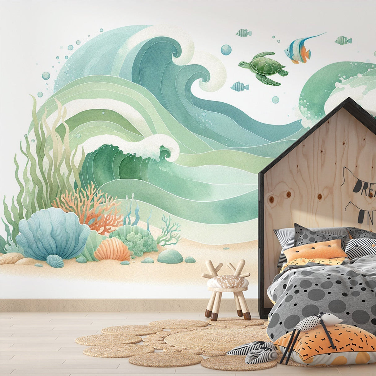 Ocean theme wallpaper with watercolor marine life displayed in a bright modern bathroom, creating a spa-like atmosphere