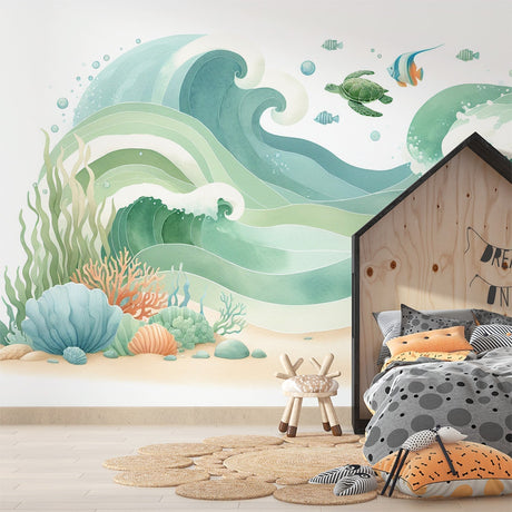 Ocean theme wallpaper with watercolor marine life displayed in a bright modern bathroom, creating a spa-like atmosphere