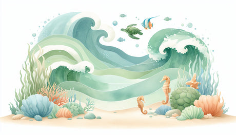 Watercolor marine life wallpaper design file showing detailed sea creatures and coral formations in soft blue tones
