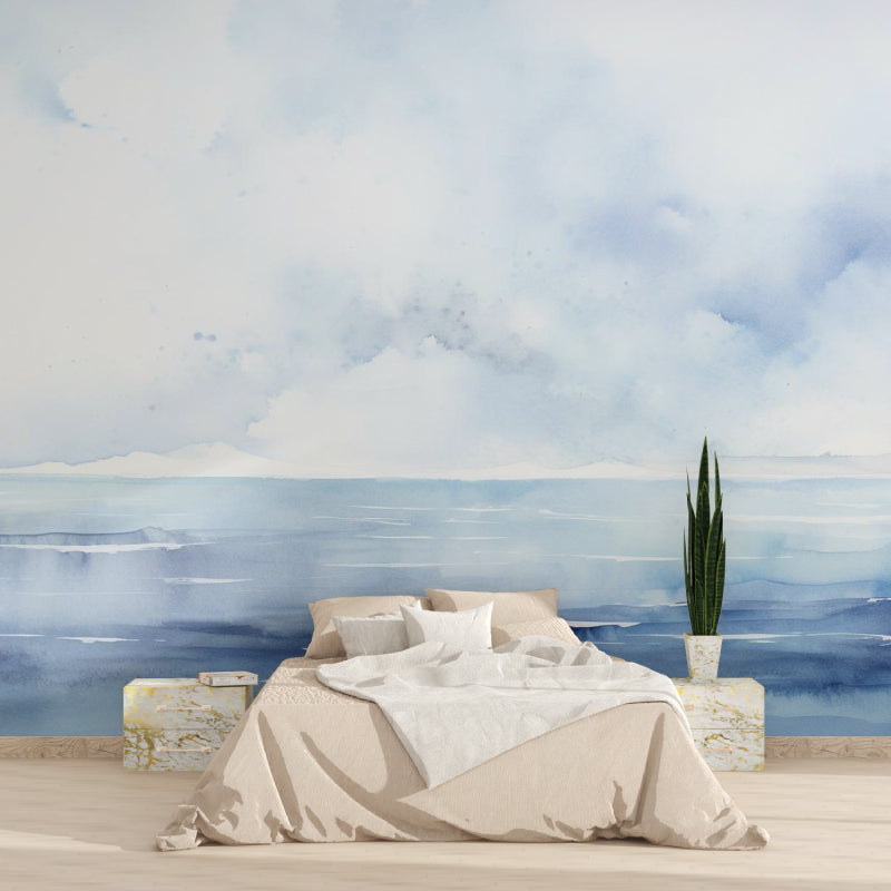 Coastal wallpaper transforming a home office into a peaceful workspace