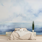 Coastal wallpaper transforming a home office into a peaceful workspace