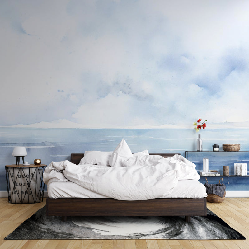 Ocean wall mural creating a calming atmosphere in a meditation room