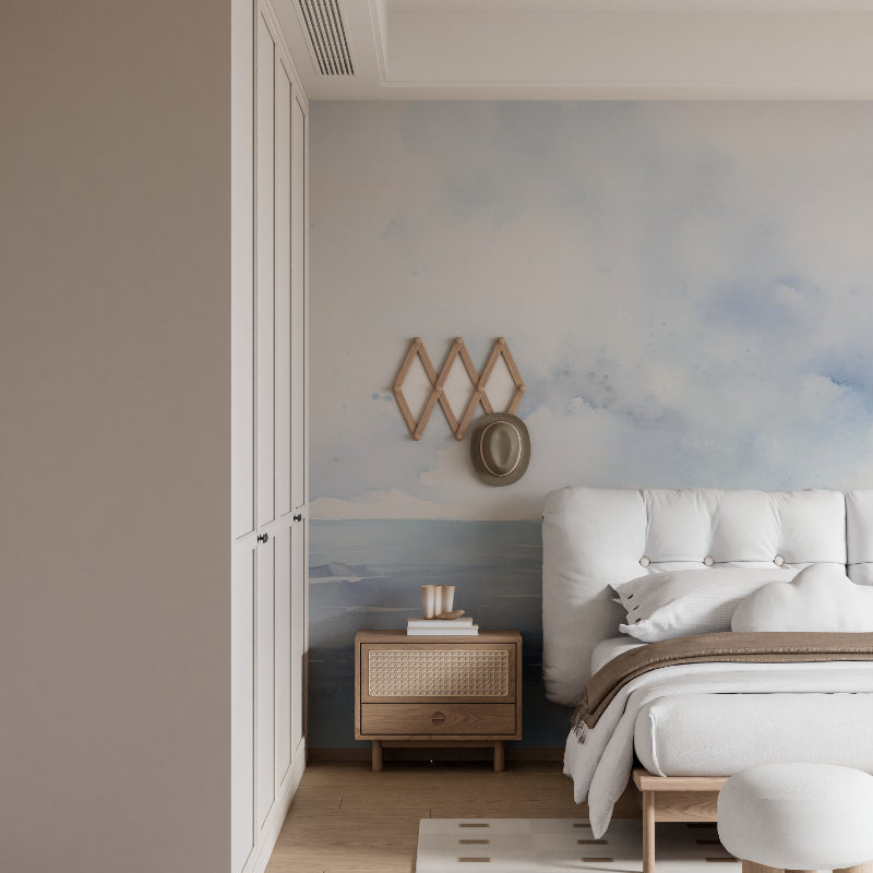 Seascape wallpaper bringing coastal charm to a dining room space