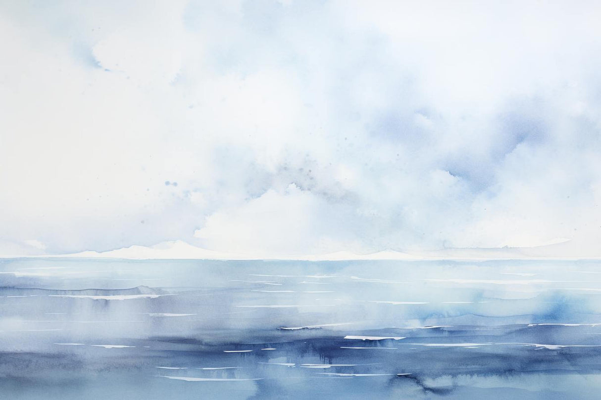 Design file showing detailed watercolor ocean and sky pattern with soft blue gradients