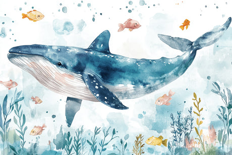 Design file showing detailed watercolor whale and fish pattern with soft turquoise and coral tones
