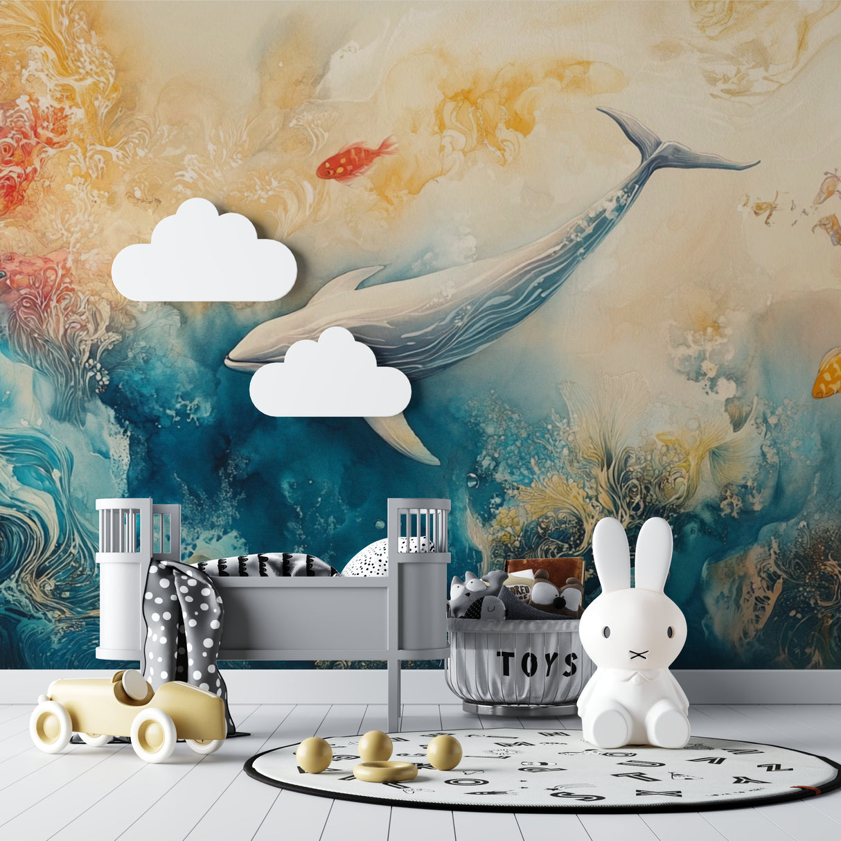 Ocean wall mural with watercolor whale in modern living room, creating a serene coastal atmosphere