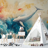 Whale wallpaper design showcased in bright kids bedroom with playful golden fish accents