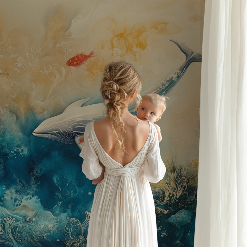 Ocean theme mural displayed in nursery setting with soft watercolor whale design