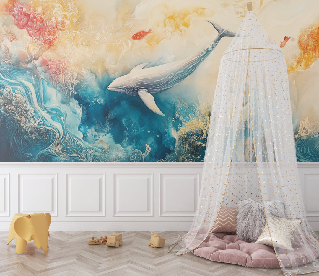 Underwater wallpaper creating calm atmosphere in home office with whale and fish motif
