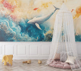 Underwater wallpaper creating calm atmosphere in home office with whale and fish motif
