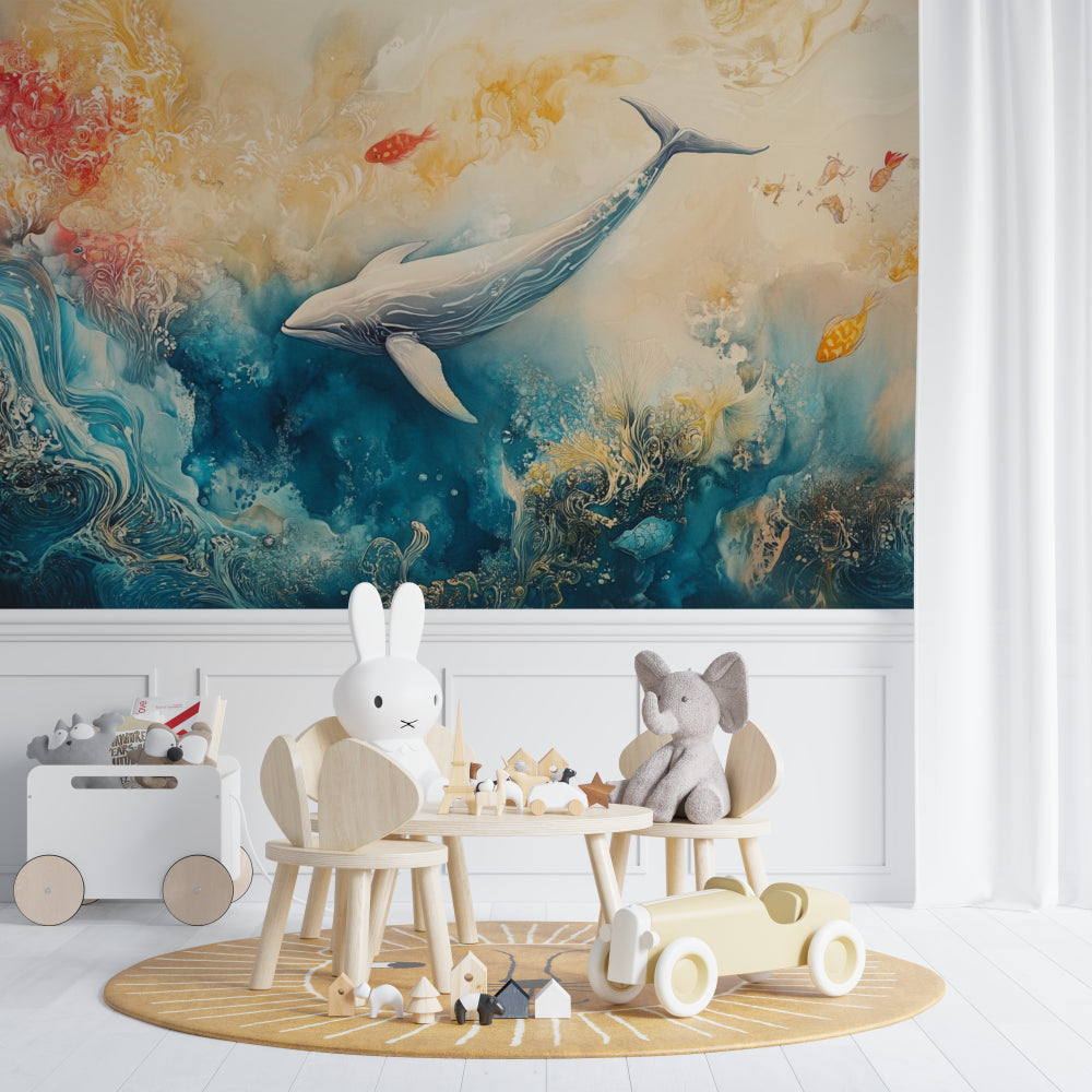 Marine theme wall mural bringing ocean vibes to modern dining room space