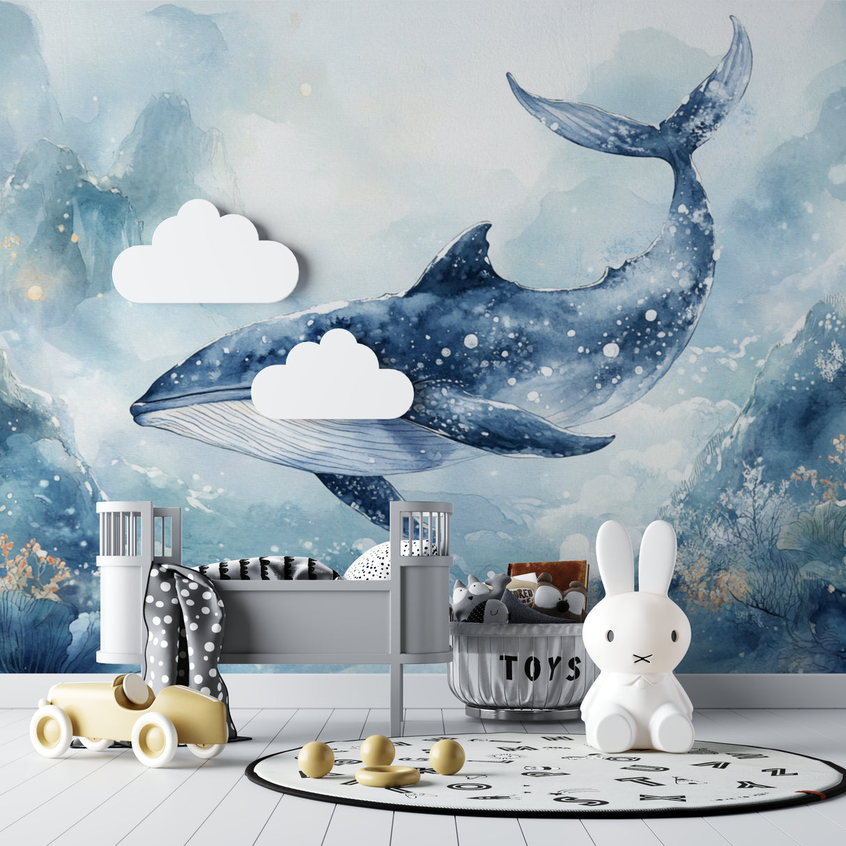 Watercolor whale wall mural creating calm atmosphere in children's bedroom