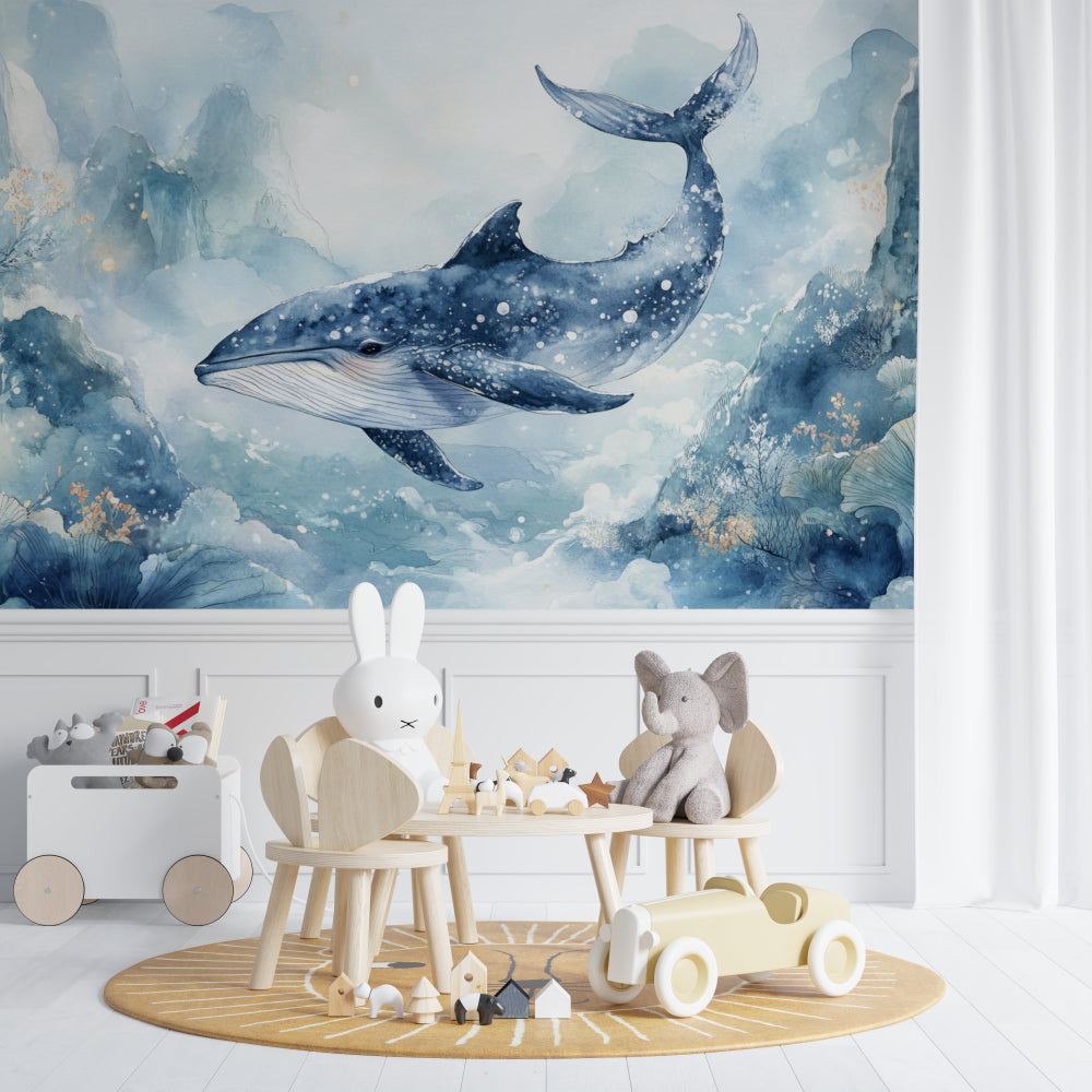 Ocean theme wallpaper bringing underwater magic to playroom setting