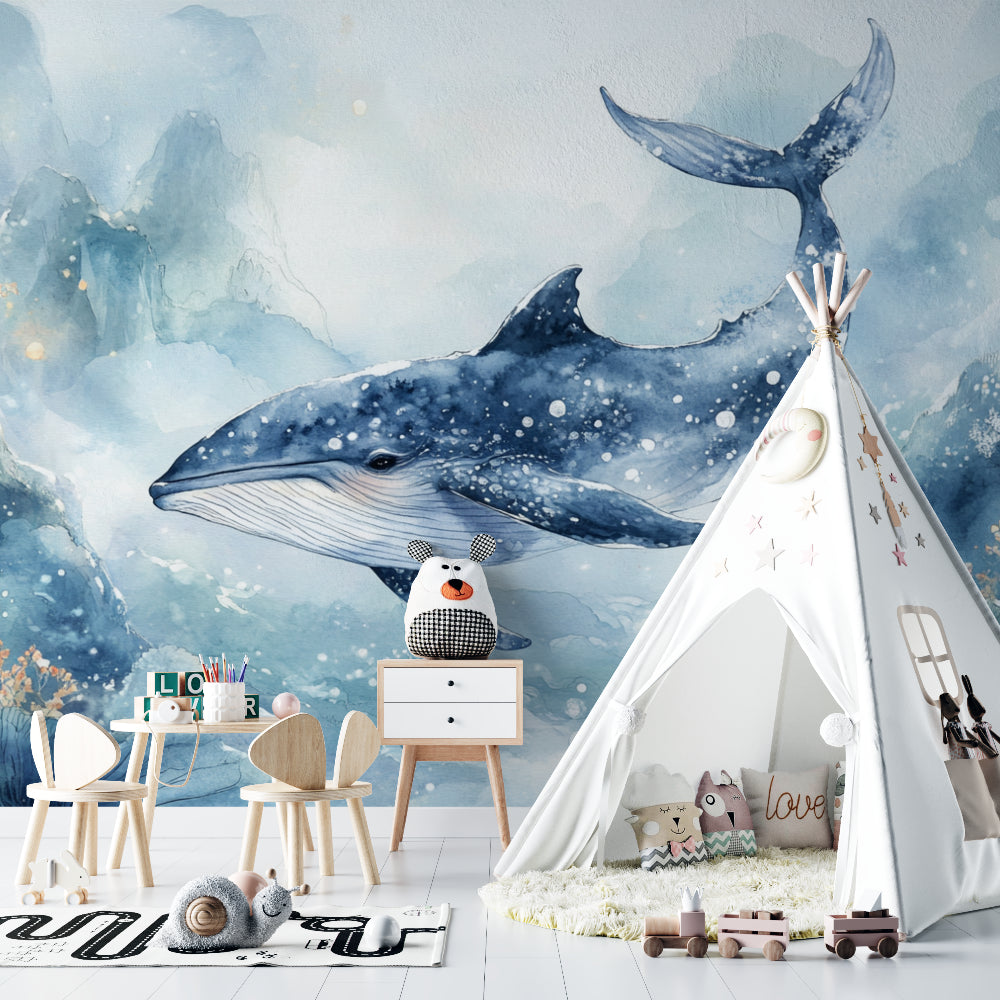 Whale mural wallpaper showcased in cozy reading nook with natural lighting