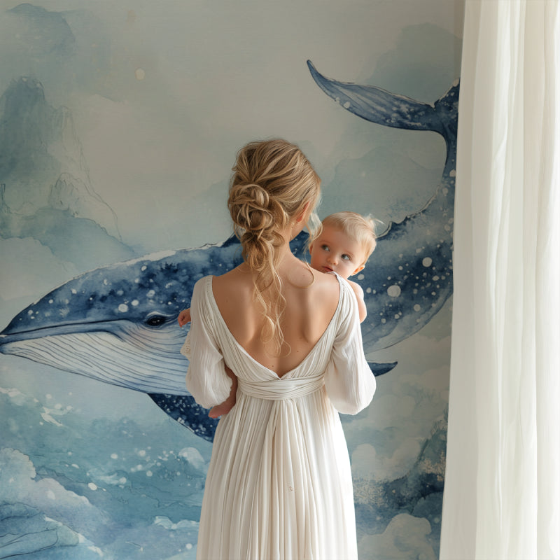Marine wallpaper transforming modern kid's bedroom with dreamy blue tones