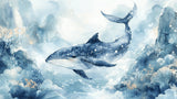 Design file showing detailed watercolor whale pattern with ethereal blue sky effects