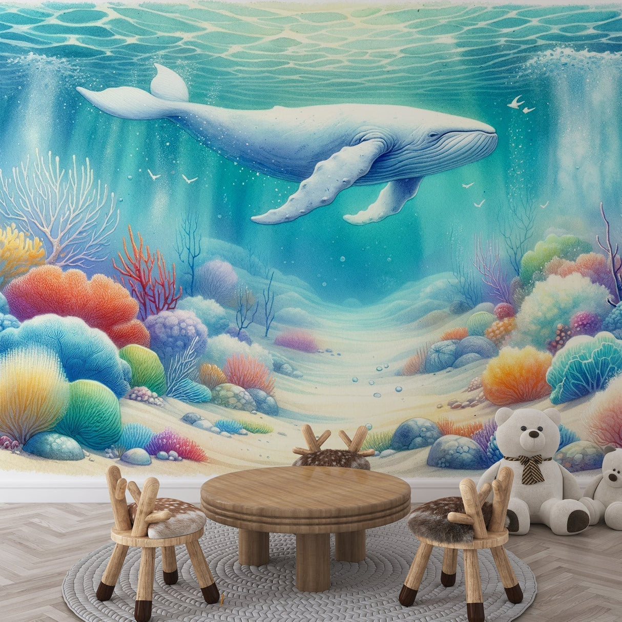 Ocean Mural Wallpaper with blue whale and coral reef bringing underwater magic to a bright kids bedroom