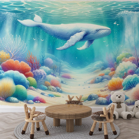 Ocean Mural Wallpaper with blue whale and coral reef bringing underwater magic to a bright kids bedroom