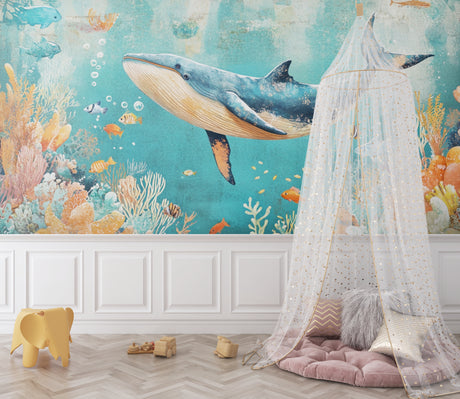 Ocean Whale Wallpaper Mural creating depth in a modern living room with blue accents