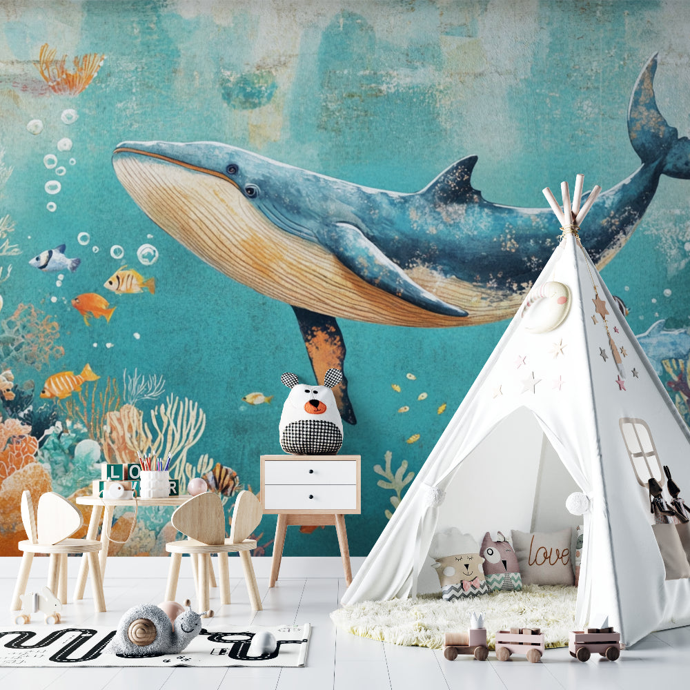 Underwater Whale Mural brightening a kid's bedroom with marine theme decor